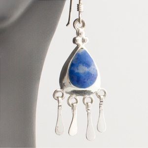 Vintage Lapis Lazuli Sterling Silver Dangle Earrings Teardrop with Fringe